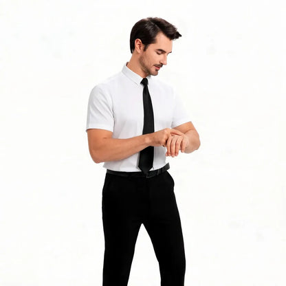 Men's Summer Business Shirt Short Sleeve Stretch Fabric Black Without Pocket Slim Fit Male Social Dress Shirt High Quality 5XL