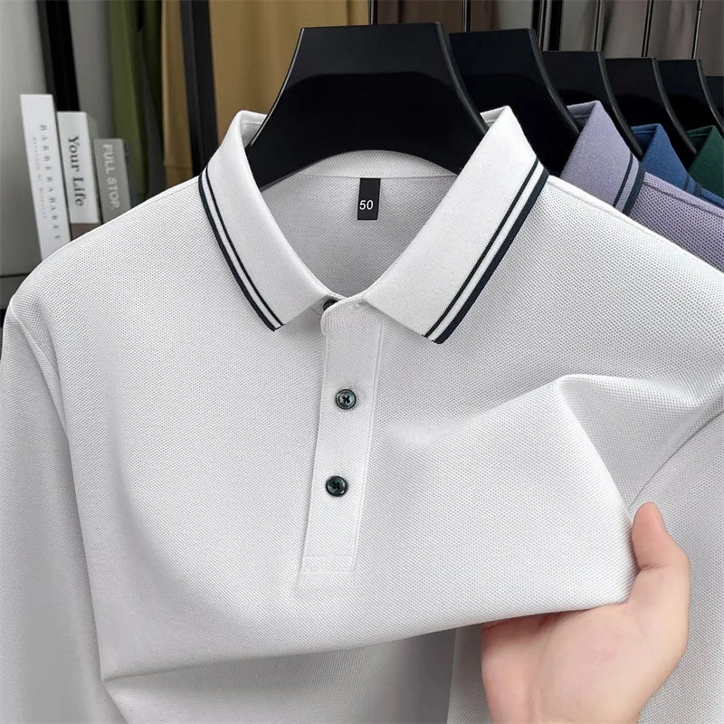 Men's 100% Cotton Long-Sleeve Polo Shirt - Light Purple Soft Knit  Breathable Business Casual Hexagon Pique Texture