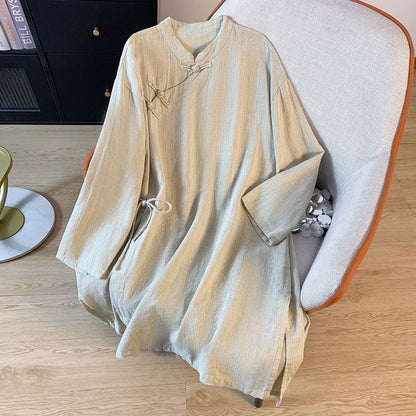 New Chinese Style Cotton Linen Women's Shirt Long Sleeve Button up Stand Collar Loose Fit Commute Fashion Mid-Length Coat