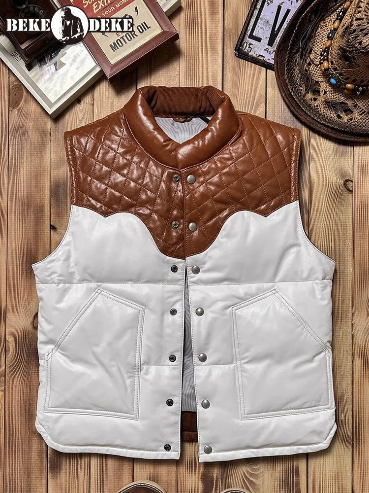 Mens Casual Genuine Leather Vest Coat Winter Warm Sleeveless Down Jacket Thick Stand Collar Sheepskin Spliced Cowhide Waistcoat