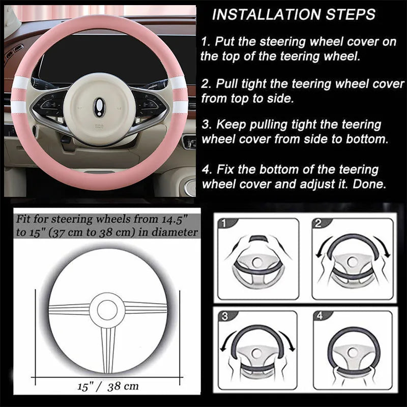 Car Steering Wheel Cover for Women Girls Universal 14.5-15 Inch, Breathable , Non-Slip, Car Interior Accessories for Most Cars