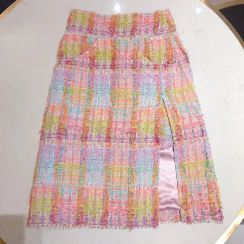 Office Ladies Elegant Mixed Colors Lattice Tweed Jacket Skirt 2 Piece Set Fashion Short Coat Split Skirts Women Matching Sets