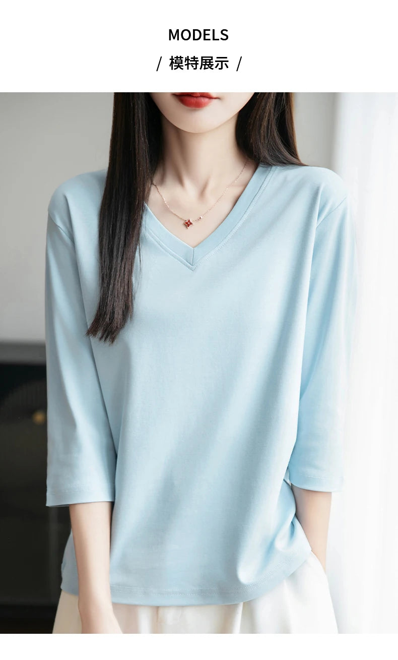 Spring And Summer New White Mercerized Cotton Cropped Sleeve T-shirt Feminine Joker 100% Cotton Bottoming Shirt Half Sleeve
