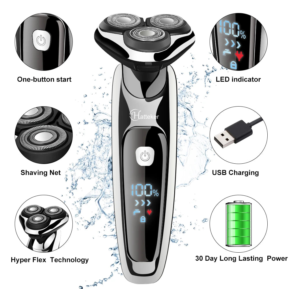 Hatteker Men's Electric Shaver Multifunction 3-in-1 Nasal Hair Trimmer Washable Beard Razor  USB Chargeable New Model RSCW-9598A