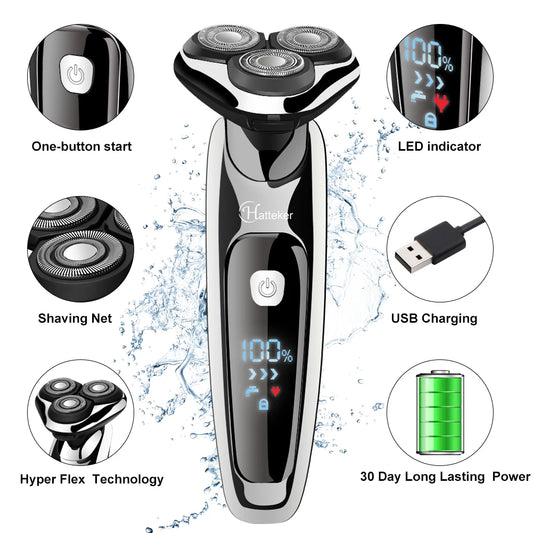 Hatteker Men's Electric Shaver Multifunction 3-in-1 Nasal Hair Trimmer Washable Beard Razor  USB Chargeable New Model RSCW-9598A