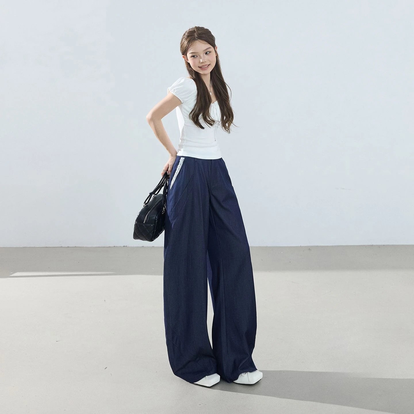 American-style retro loose wide-leg pants, lightweight curved pants, cool lace splicing, versatile casual pants for women
