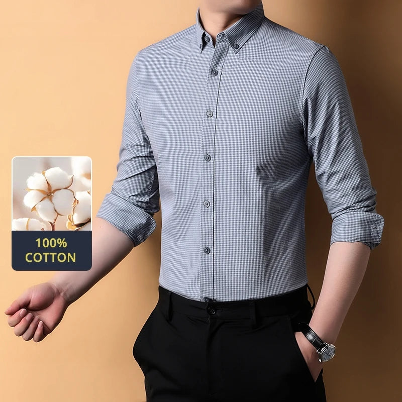 Top Grade 100% Cotton Anti-wrinkle New Fashion Breathable Checkered 2025 Men Shirt Brand Plaid Slim Fit Long Sleeve Casual Tops