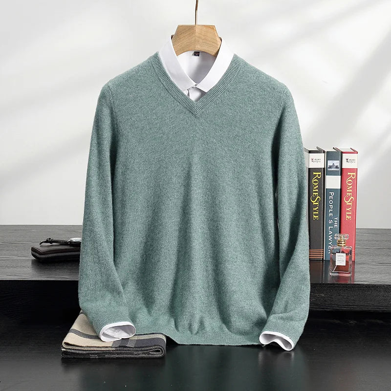 100% Cashmere Sweater Men's V-Neck Knit Pullover 2025 Spring/Autumn New Solid Color Long Sleeved Tops Business Casual Menswear
