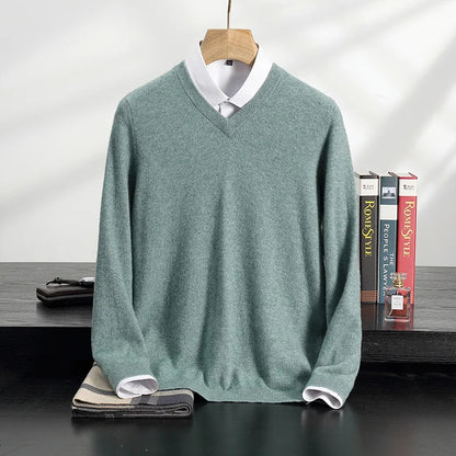 100% Cashmere Sweater Men's V-Neck Knit Pullover 2025 Spring/Autumn New Solid Color Long Sleeved Tops Business Casual Menswear