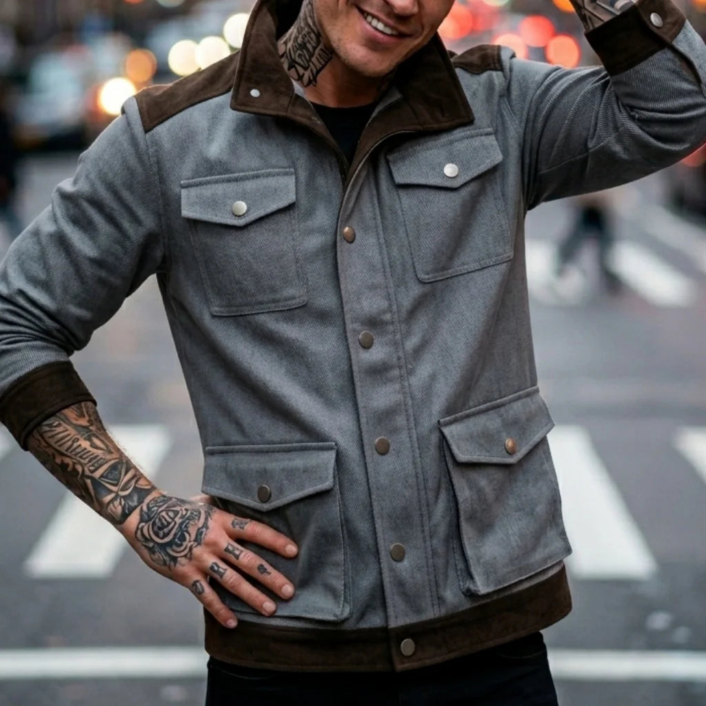 New Denim Men's Jacket Multi-pocket Fake Two Coats Denim Contrast Jacket Suede Matching Design Men's Streetwear Men's Denim Top