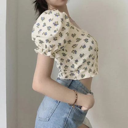 Floral Print Square Neck Short Sleeve Slim Fit T-Shirt Women's Summer 2026 New Bubble Sleeve Belly Baring Trendy Top