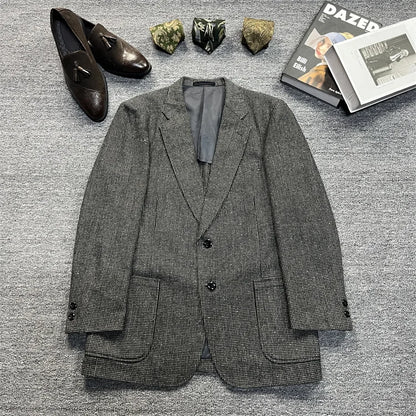 Vintage Unisex Woolen Suit Jacket Simple Casual Plaid Retro Style Warm Windproof Interview Commuting Business Casual Wear