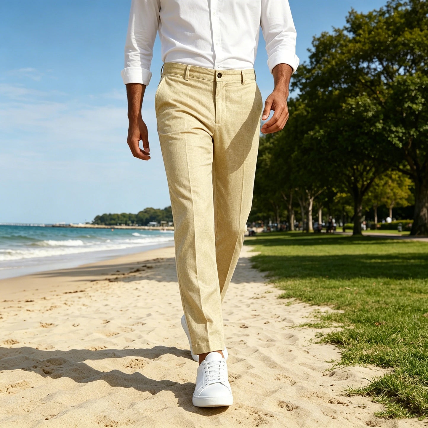 Men's Linen Cropped Pants Slim Fit 9 Points Ankle Dress Pants Business Casual High Waist Suit Trousers Breathable Office Summer