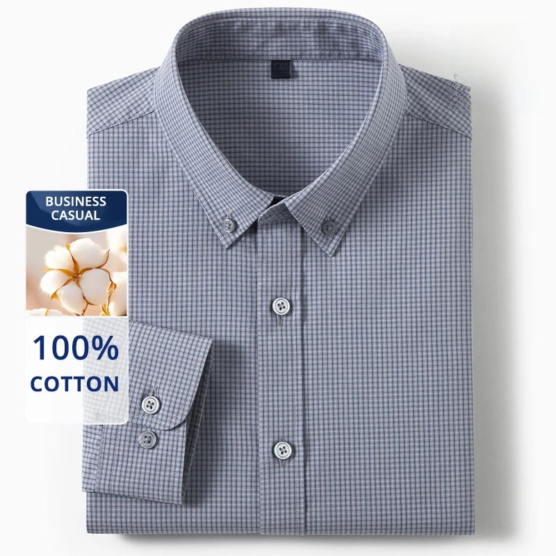 Top Grade 100% Cotton Anti-wrinkle New Fashion Breathable Checkered 2025 Men Shirt Brand Plaid Slim Fit Long Sleeve Casual Tops