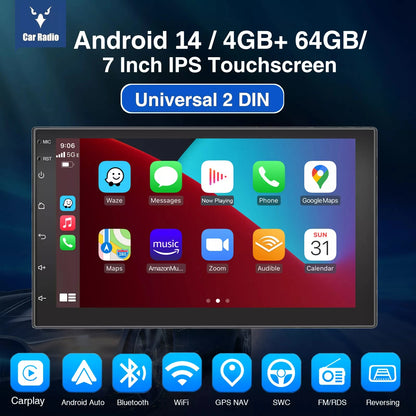 ESSGOO 7" Car Stereo Radio Double 2DIN Android 14 CarPlay Touch Screen 4+64G GPS Navigation Wifi FM/RDS Bluetooth SWC DVR&Camera