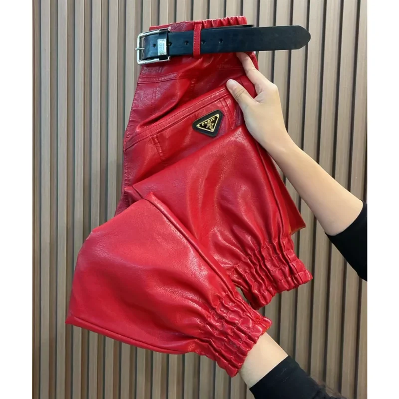 Autumn Winter Leather Pants Fashion High Quality Leg Windproof Plus Velvet Haren Pants All-Match Slimming Casual Trousers Women