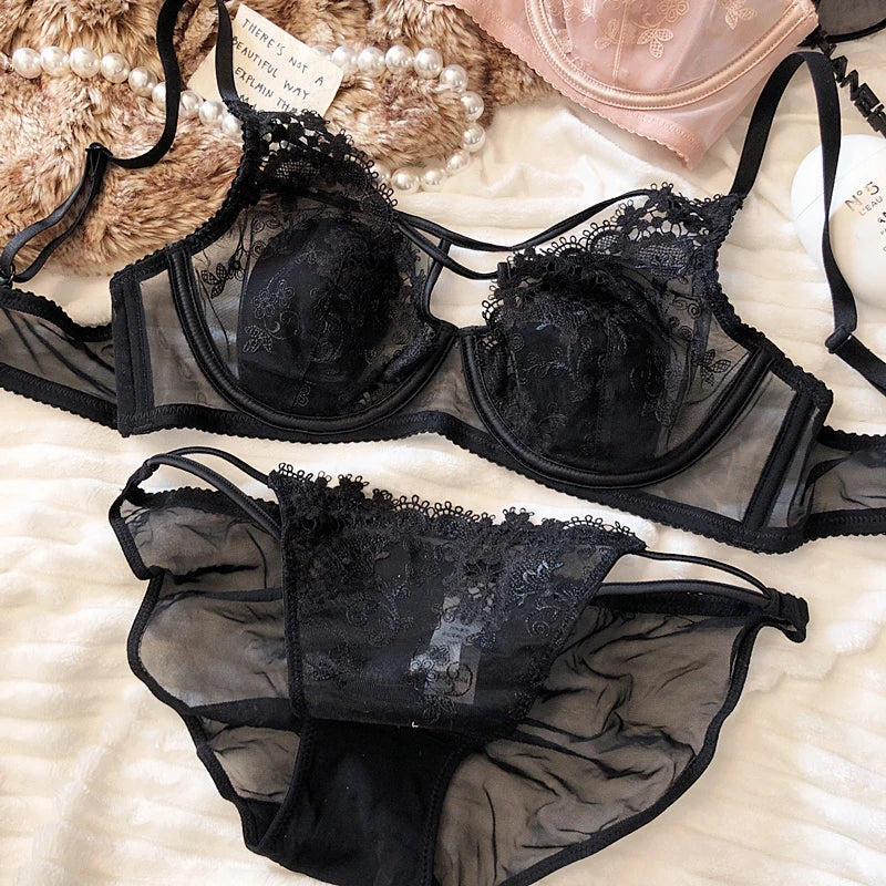 Sexy Hollow Women Underwear Lace Floral Embroidery French Ultra Thin Cup Push Up Bra Set Adjustable Strap Brassiere Panties Sets