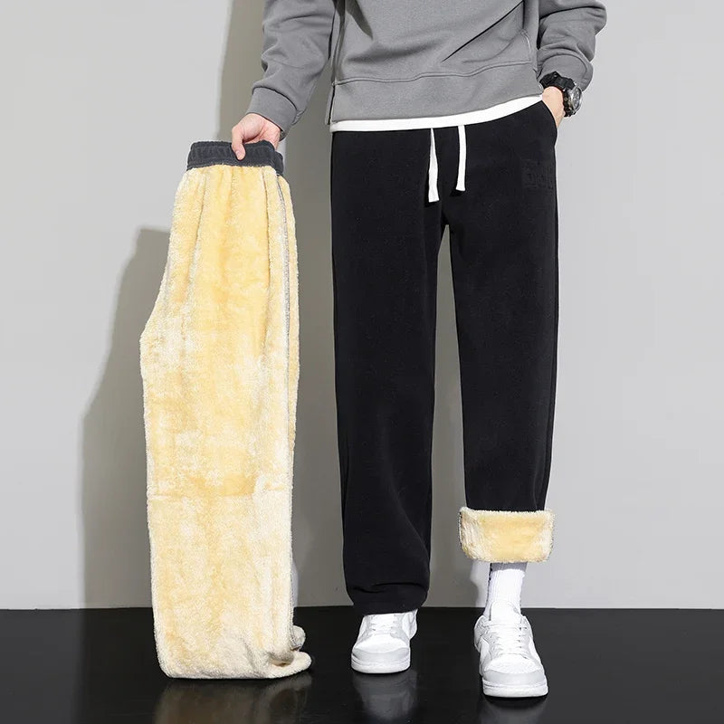 Winter Velvet Lining Trousers Men Outdoor Jogger Sweatpants Neutral  Solid Color Baggy Thickened Winter Fleece Loose Cargo Pants