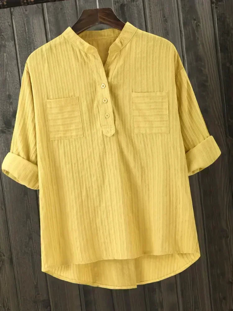 Plus Size Shirts Women's Cotton Tops Mujer Office Long Sleeve New Korean Loose Casual Vertical V-neck Shirts Top Blusas De Mujer