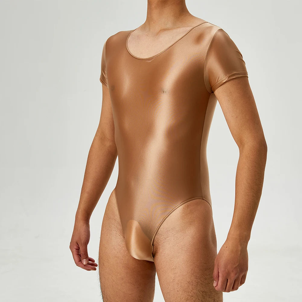 Men's Bodysuit Short Sleeve Oil Shiny High Cut Shapers Leotard Elastic Man Women Sexy Lingerie Jumpsuit Underwear