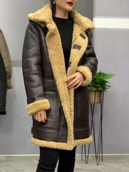 Men and Women's Winter Warm Coat Long Jacket Genuine Sheepskin Lambskin Shearling Wool Liner Hooded Brown XXXXXXXXL 5XL 6XL 7XL