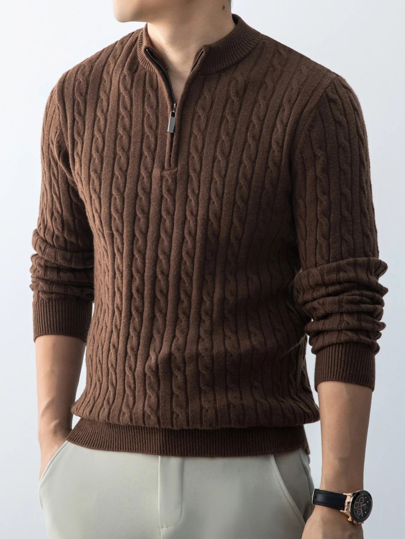 Autumn Winter For Men's Twisted Sweater Wool Knitted  Half Open Zipper Half High School Round Neck Stand-up Collar Thickened Top