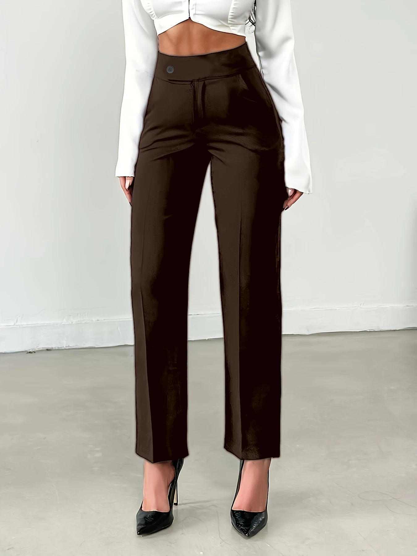 Women's Brown High Waist Straight Suit Pants | Euro Style Draped Flattering Office Work Cropped Trousers, Versatile