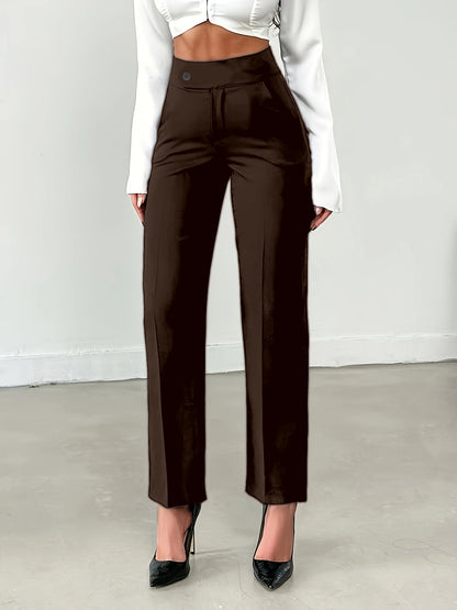 Women's Brown High Waist Straight Suit Pants | Euro Style Draped Flattering Office Work Cropped Trousers, Versatile