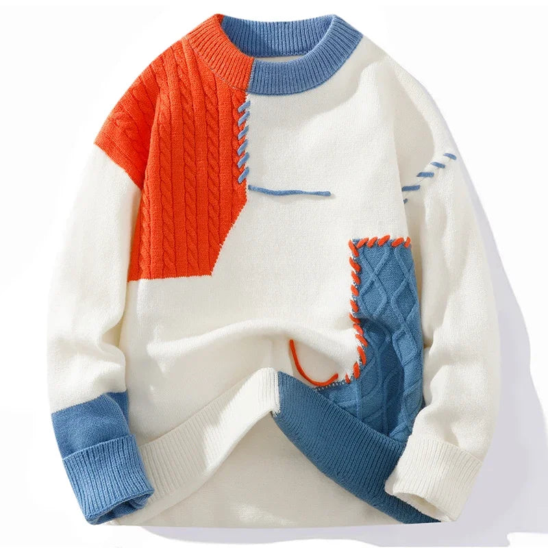 Men's Sweater Autumn Winter Men's Casual Lazy Style Sweater Crewneck Splicing Pullover Fashion Men's Home Wear Pajamas Casual