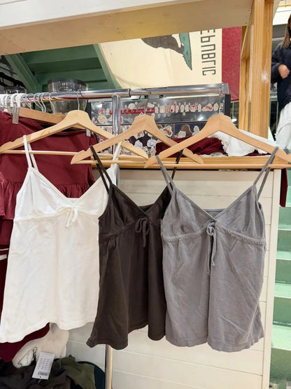 Sweet Lace-up Camisole Women Summer Streetwear Simple Basic Deep V-neck Sleeveless Vests Vintage Cute Cotton Tank Tops Y2K