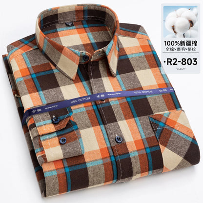 Men's long-sleeved cotton jersey checked shirt - suitable for daily work in all seasons, featuring fashionable style.
