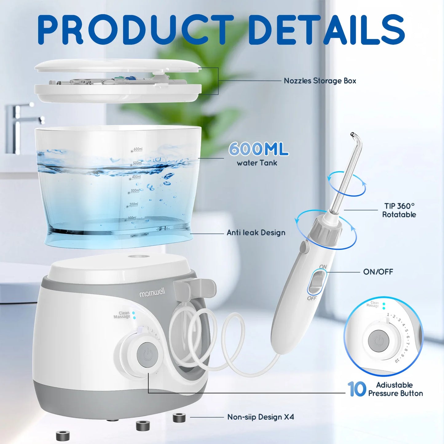 Home Water Flosser, 600 ml Large Capacity,10 Adjustable Pressures,6 Home Nozzles Professional Oral Irrigator for Teeth Clean