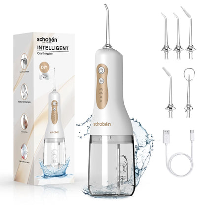 Schoben Water Flosser 2.0, a portable oral irrigator, is a rechargeable electric flosser featuring 4 cleaning modes, 5 nozzles,