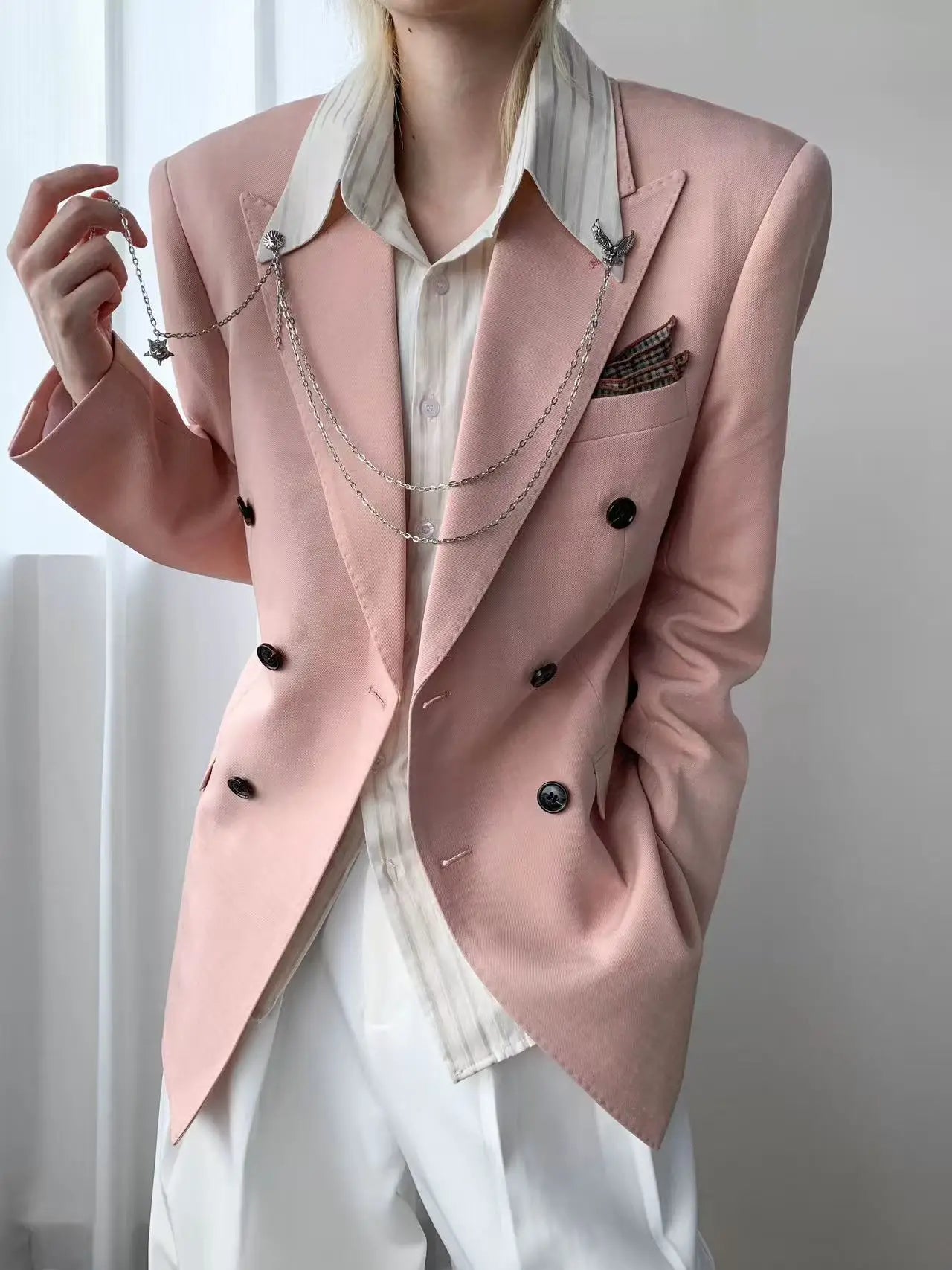 Korean Style Unisex Oversized Blazer Men Women Dusty Pink Casual Suit Jacket Streetwear Loose Office Party