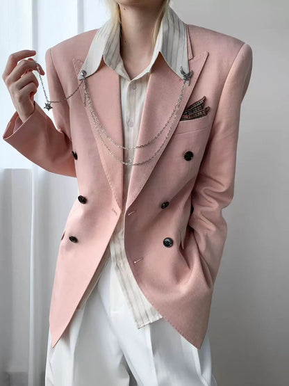 Korean Style Unisex Oversized Blazer Men Women Dusty Pink Casual Suit Jacket Streetwear Loose Office Party