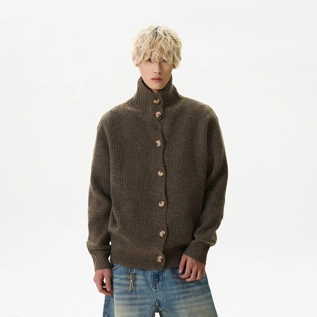 2025 autumn and winter new American retro solid color stand up collar knitted cardigan men's loose button sweater jacket