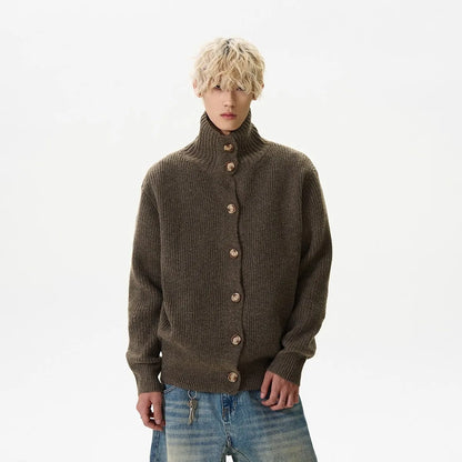 2025 autumn and winter new American retro solid color stand up collar knitted cardigan men's loose button sweater jacket