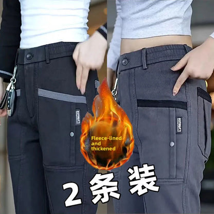 Men's Workwear Pants Elastic Waist Multi-Pocket Straight Leg Autumn Winter Durable Polyester Fiber Casual Trousers