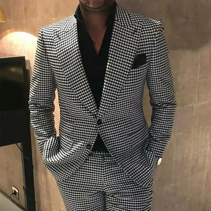 Houndstooth Men Suits Peak Lapel Blazer Wedding Tuxedo for Groom Two Buttons Prom Plaid Men Clothing Latest Design 2 Piece Set