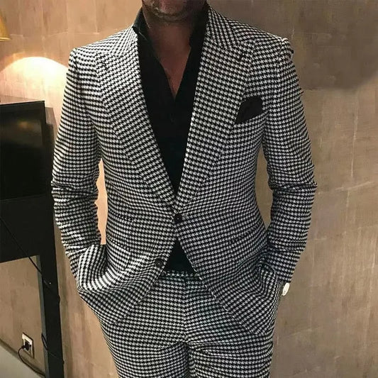 Houndstooth Men Suits Peak Lapel Blazer Wedding Tuxedo for Groom Two Buttons Prom Plaid Men Clothing Latest Design 2 Piece Set