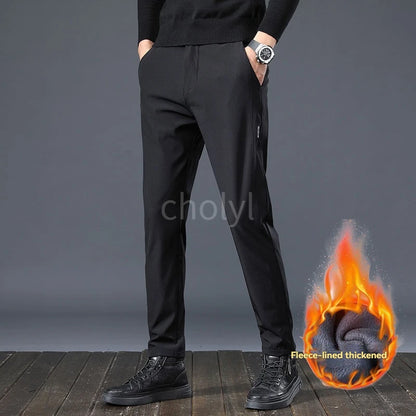 Winter Fleece Golf Casual Pants Men Business Slim Stretch Jogger Thick Trousers Korean Classic Elastic Waist Velvet Male Pants