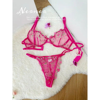 Pure & Sexy Japanese Lingerie Set, Pink Floral Tulle with Embroidery, Harajuku Style Aesthetic Set BANERDANNI Sexy Panty &Tusjy