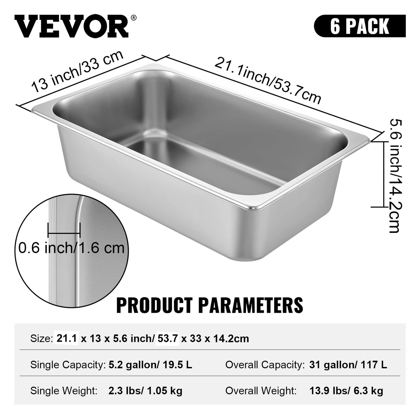 SucceBuyBuffet Chafing Dishes 8.5L-20L Gastronorm Pans Steam Table Pans Tray Stainless Steel Food Container for Party BBQ Baking