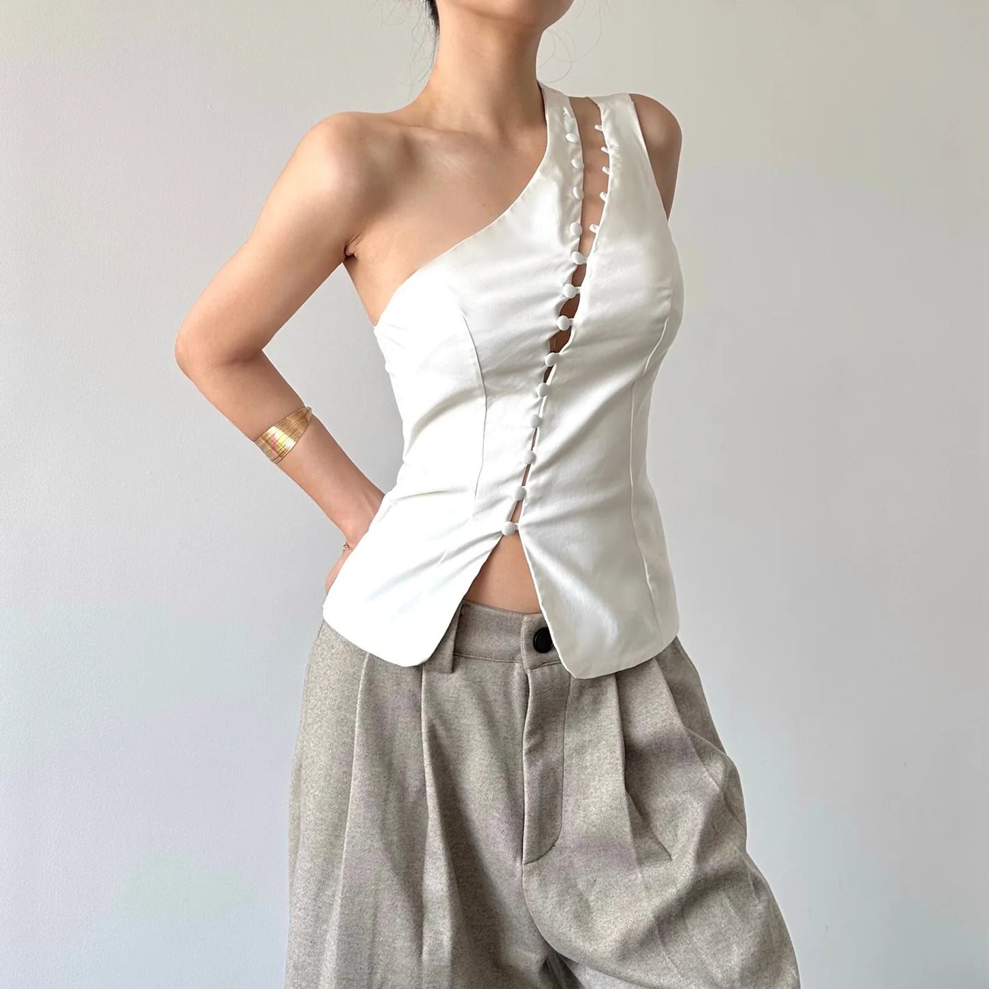 Cryptographic Elegant Asymmetrical Top with Hook and Eye Fashion Sexy Cut Out Backless Split Tops Slim Vest Summer Clothes