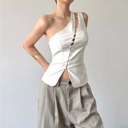 Cryptographic Elegant Asymmetrical Top with Hook and Eye Fashion Sexy Cut Out Backless Split Tops Slim Vest Summer Clothes