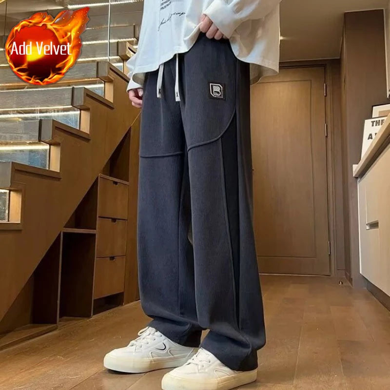 Autumn Winter Men’s Thermal Joggers Soft Fleece Lined Straight Trousers Loose Fit Casual Pants for Outdoor School