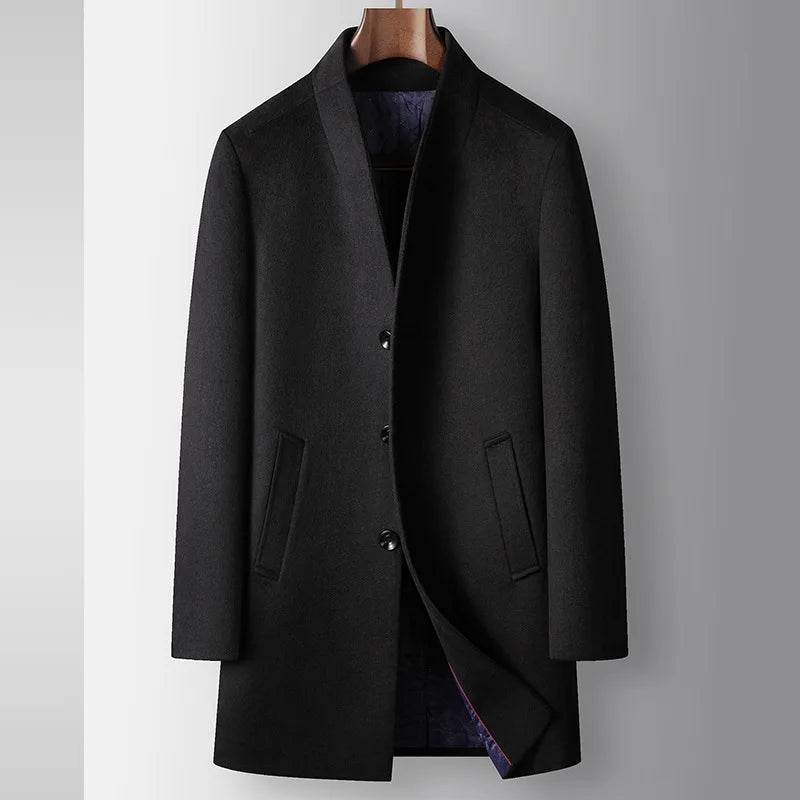 Men Wool Coat Autumn Winter Collar Medium Long Business Trench Coat