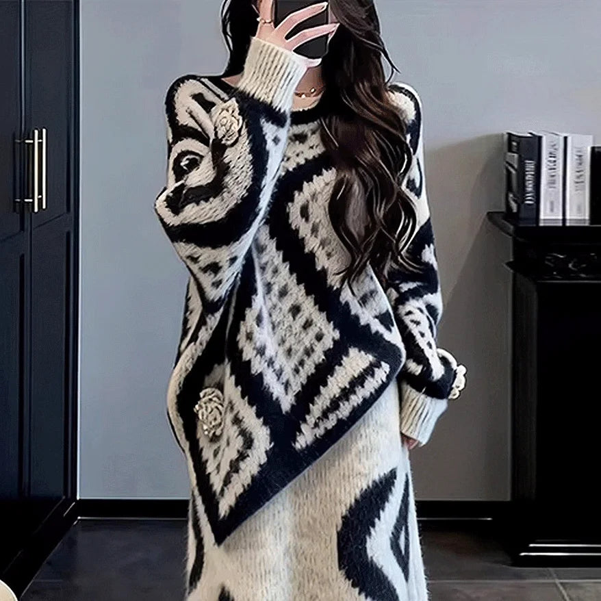 Soft Knitted Set Women's Winter Sweater  Skirt Two-Piece Set Elegant Unique Beautiful Whole Set Fashionable Fre...