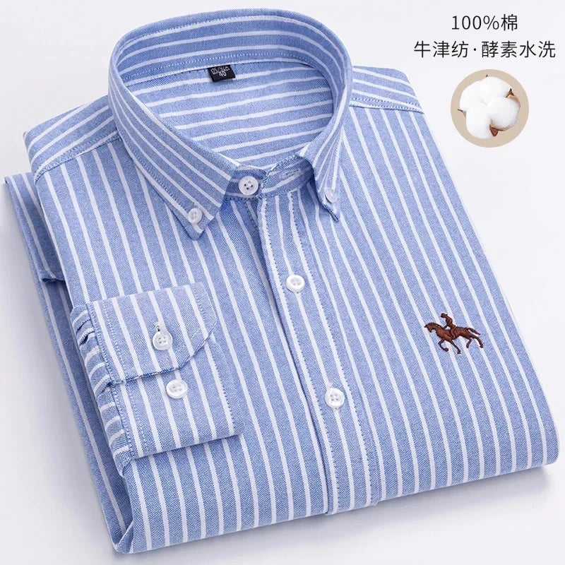 New 100% Cotton Oxford Shirt For Men's Long Sleeve Solid Casual Business Regular-Fit Formal Dress Shirts Social Blouse S-6XL