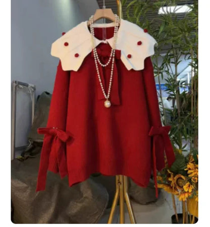Large Size Women Three-dimensional Bow Sweet Peter Pan Collar Knitted Top Fashion New Red Versatile Long Sleeve Loose Sweater